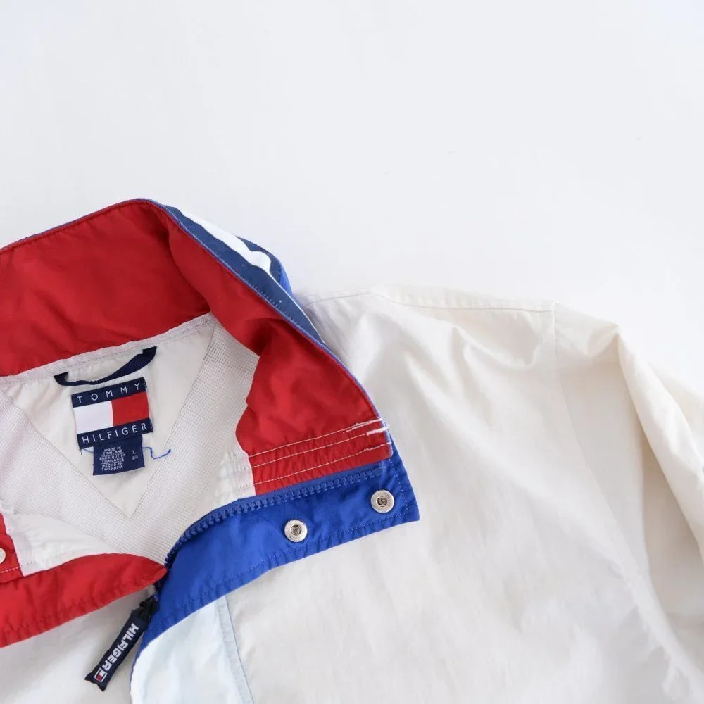 Vintage Y2K Tommy Hilfiger White Full Zip Windbreaker w Hidden Hood Size  Large - Picture 10 of 15
